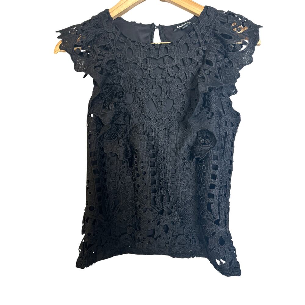Express Black Crochet Lace Ruffle Blouse Side Zipper Pullover Size XS - Picture 3 of 8